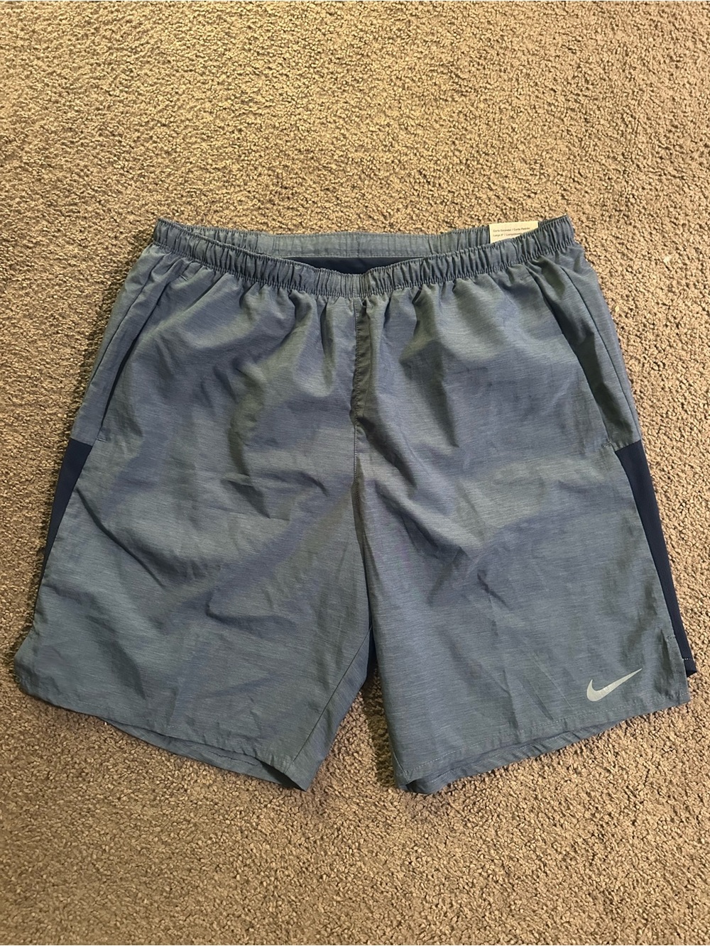Nike Men's Heathered Light Blue Athletic Shorts with Dark Blue Panels